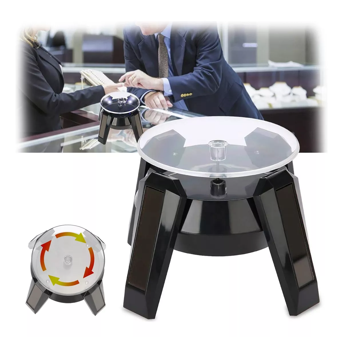 Exhibidor Solar Base Giratoria Eléctrica Joyeria Luz Blanca Nego