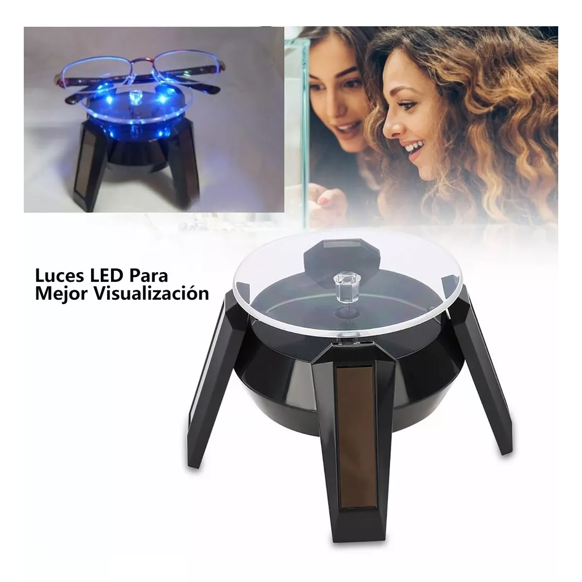 Exhibidor Solar Base Giratoria Eléctrica Joyeria Luz Blanca Nego