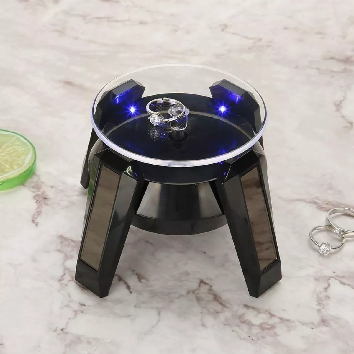 Exhibidor Solar Base Giratoria Eléctrica Joyeria Luz Blanca Nego