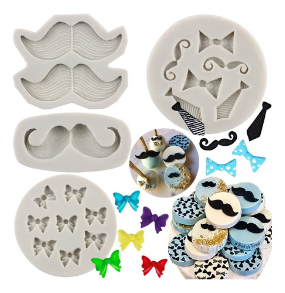4pcs Molde De Silicona Bigote Corbata Lazo Fondant Resina