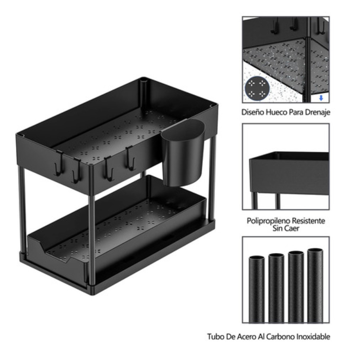 2 Niveles Organizador Cocina Escurridor De Trastes Corredizo negro