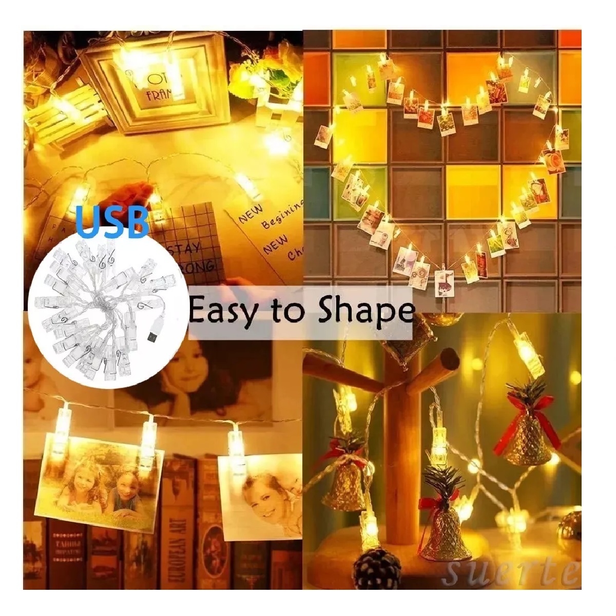 Porta Retratos Pinzas Luces Led Decorativas Fotos Collage 3m