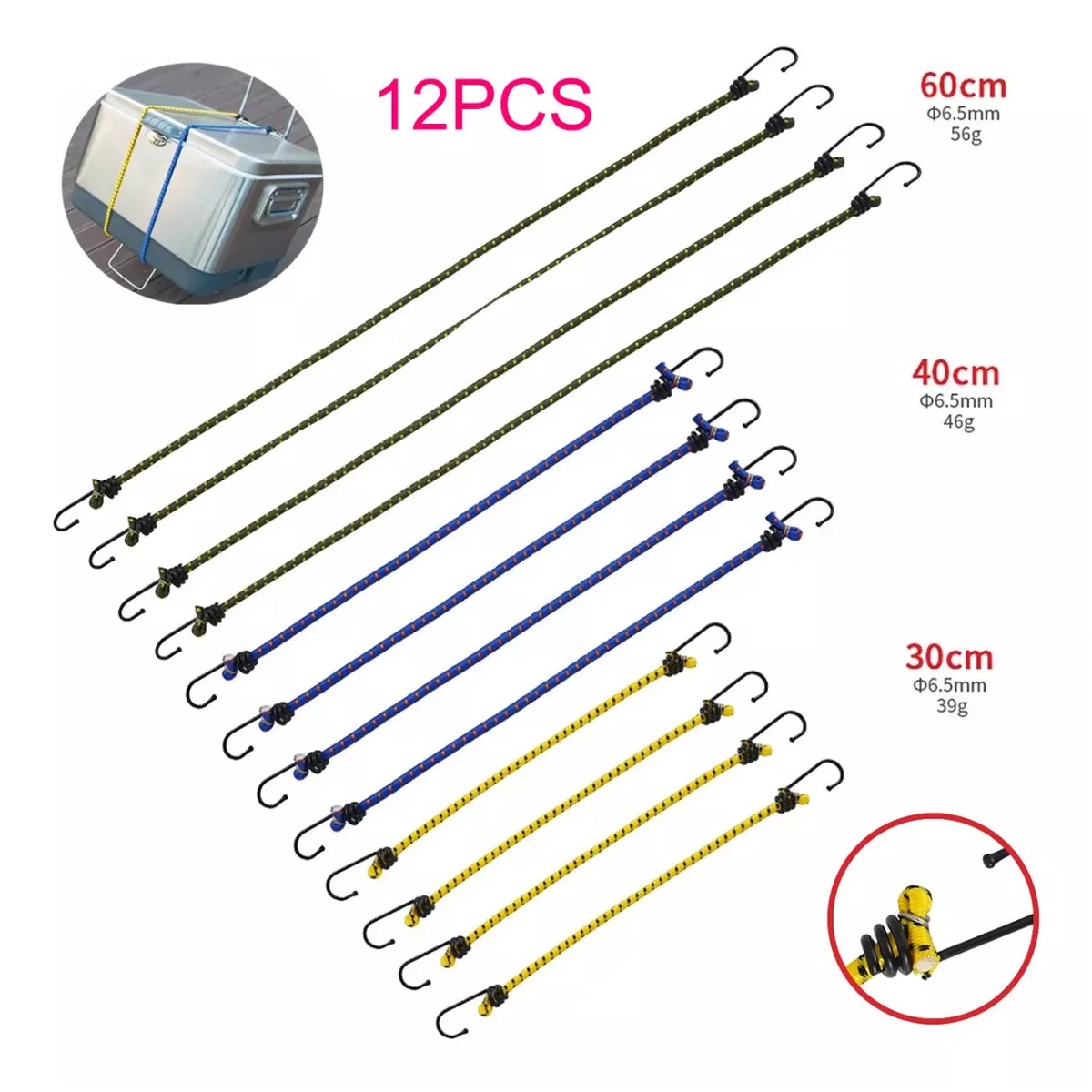 Set 12tensor Liga Elastica Ganchos Sujecion Carga Equipaje Lonas