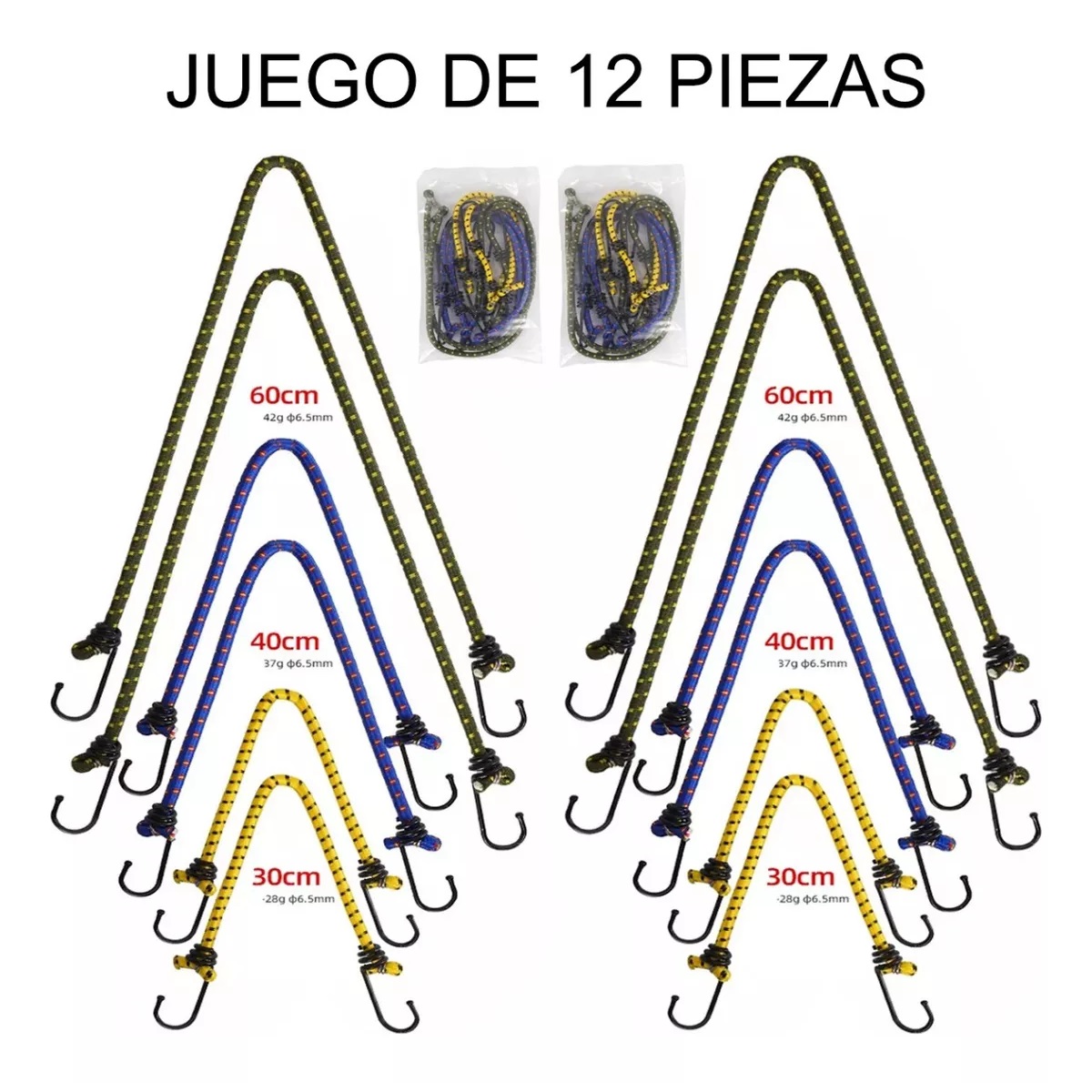 Set 12tensor Liga Elastica Ganchos Sujecion Carga Equipaje Lonas