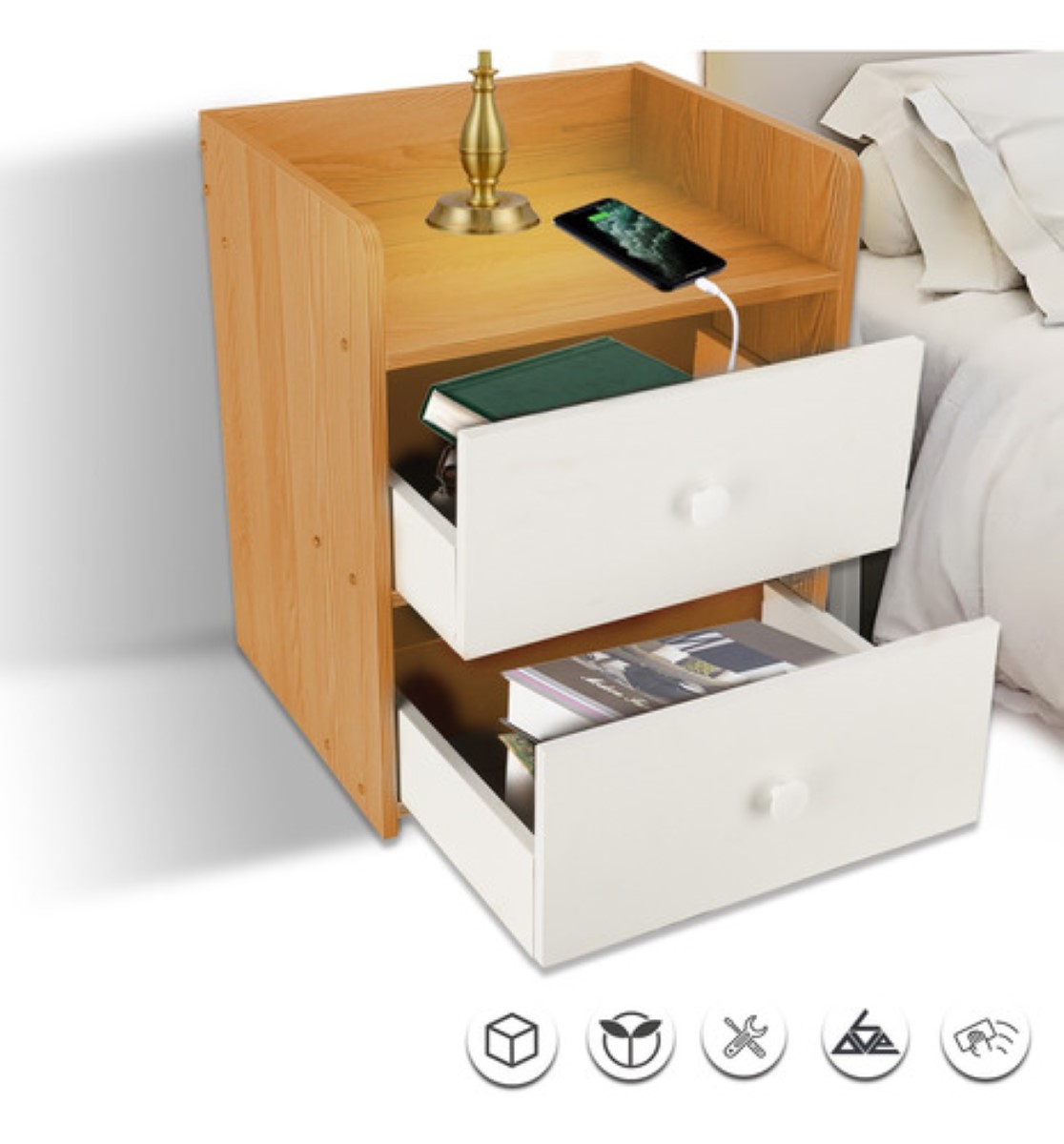 Mesita De Noche, Mesa Al Lado De La Cama Con 2 Cajones Amarillo