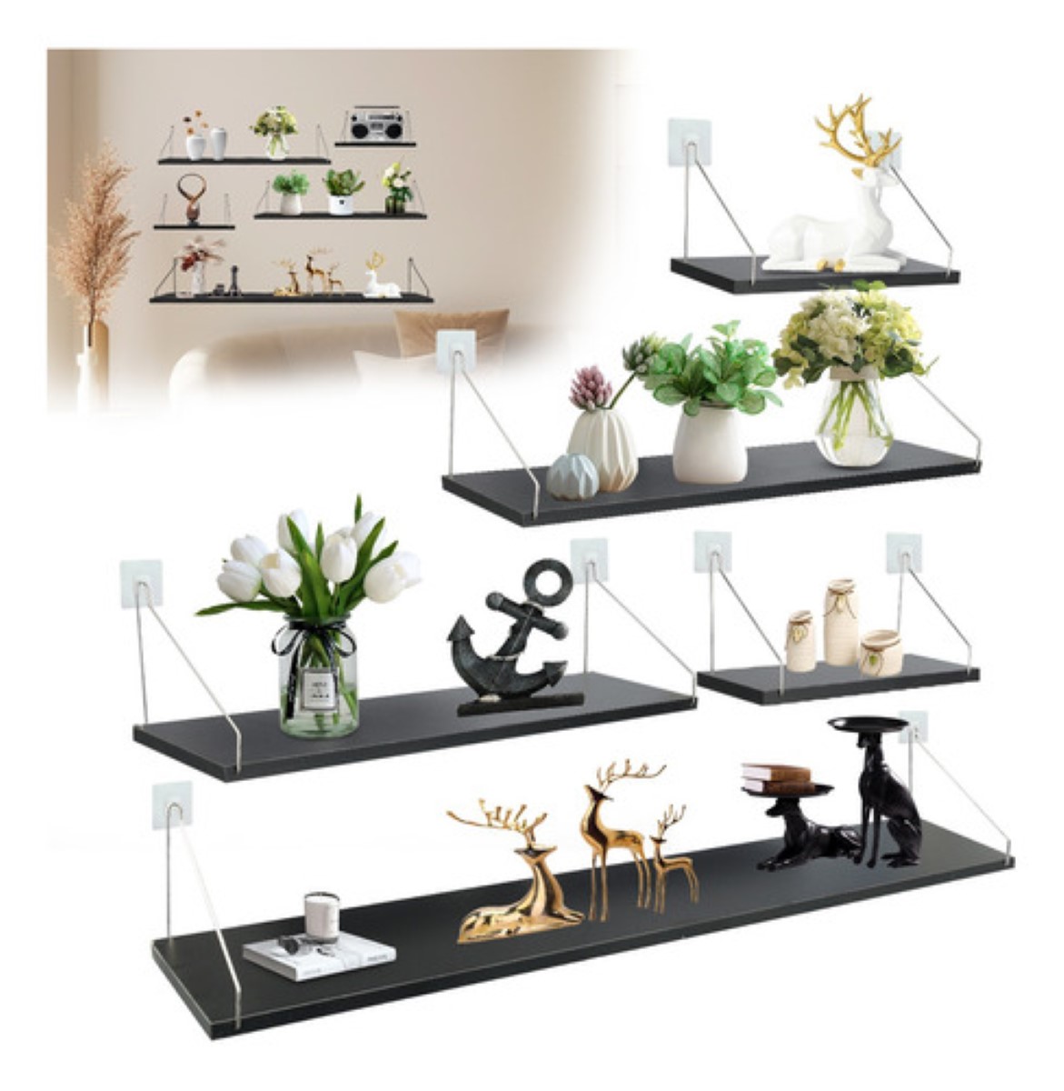 Set 5 Repisas Estantes Flotantes Modernas Minimalistas Negro
