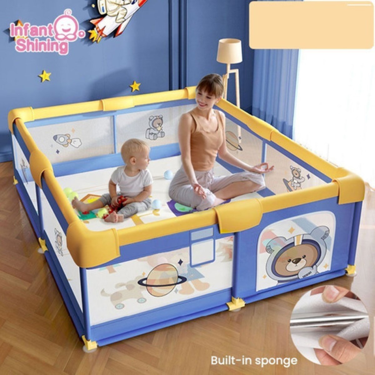 Corral Para Bebes Corralito De Juegos Plegable Con 60 Pelota azul amarillo