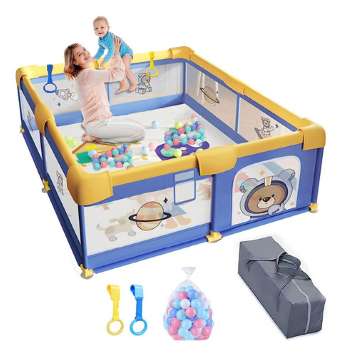 Corral Para Bebes Corralito De Juegos Plegable Con 60 Pelota azul amarillo
