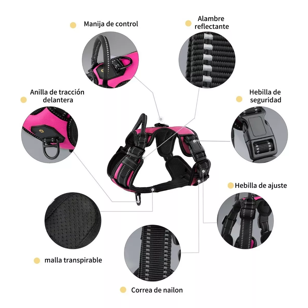 Pechera Arnés Para Perro Regulable Con Bandas Reflectivas Rosa XL