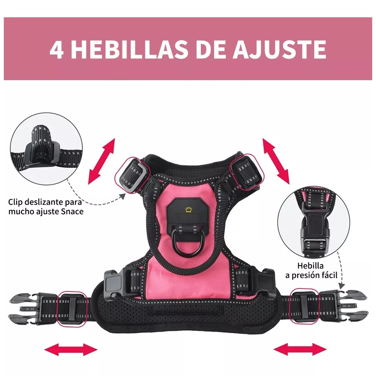 Pechera Arnés Para Perro Regulable Con Bandas Reflectivas Rosa XL