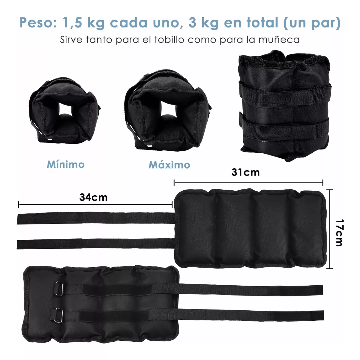 Polainas Tobillo Munequeras Pesas Ajustables Peso 1.5kg Negro