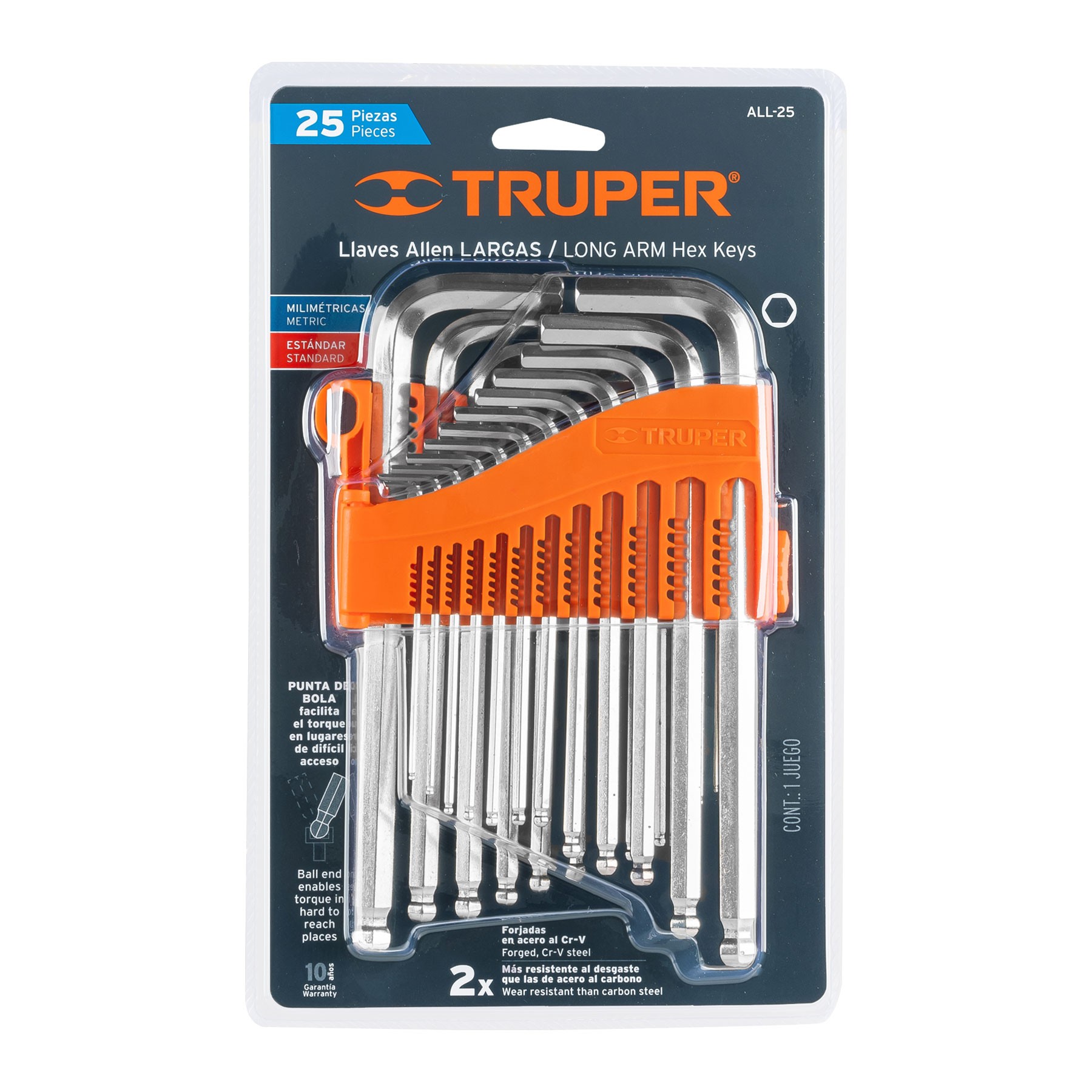 JUEGO 25 LLAVES ALLEN LARGAS STD Y MM PUNTA BOLA,ORGANIZADOR TRUPER 15572