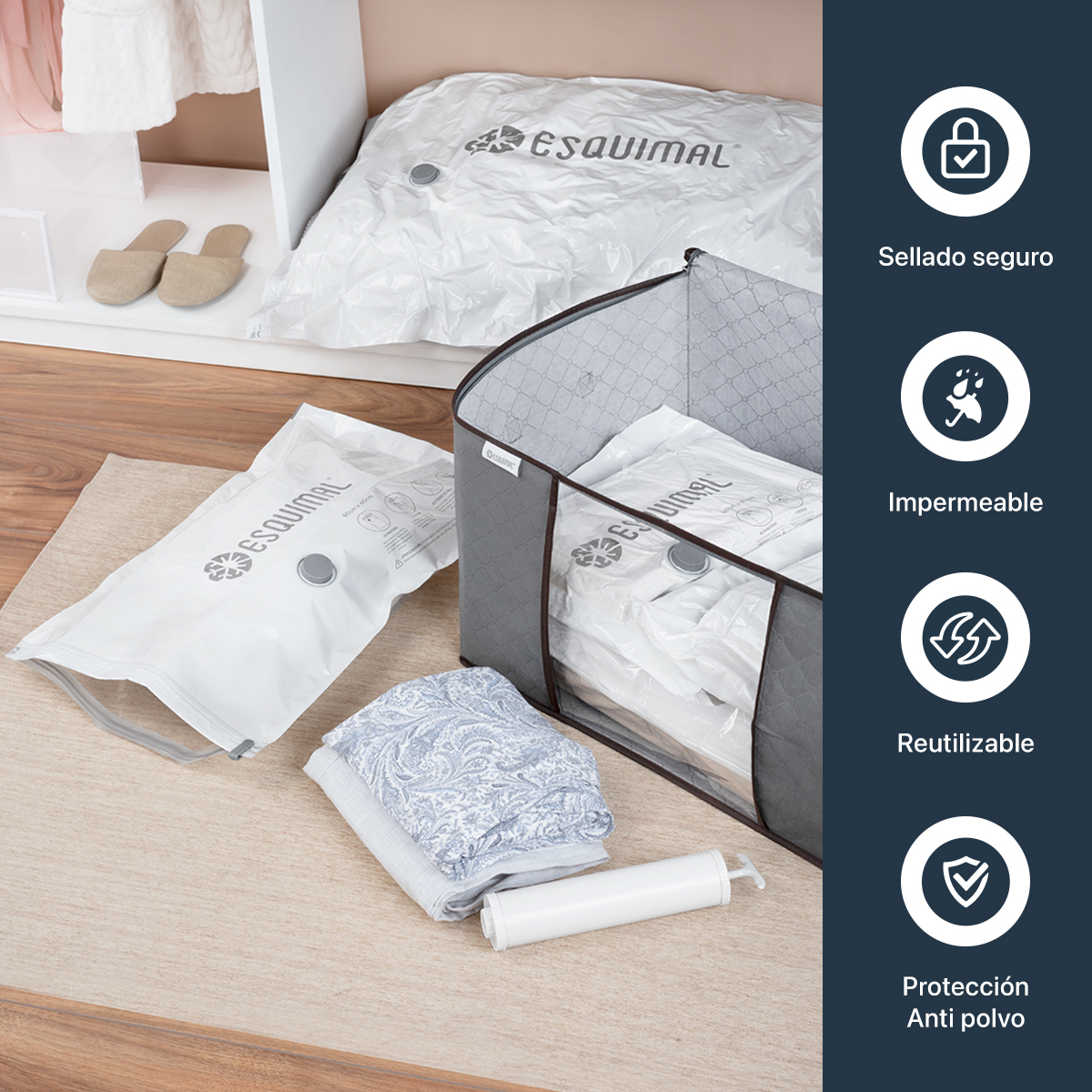 Bolsas de Almacenamiento al Vacío Set de 9 (80x60) con Bomba de Aire - Reutilizables - Bolsas de Compresión para Empacar Ropa, Guardar Edredones, Cobertores ESQUIMAL.