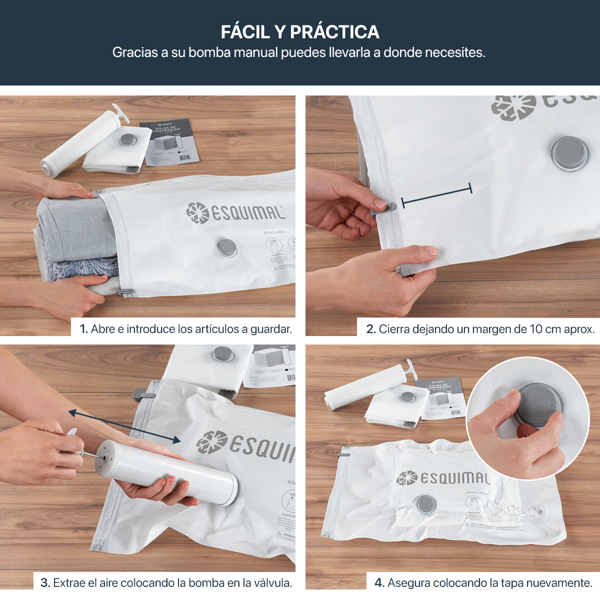 Bolsas de Almacenamiento al Vacío Set de 9 (80x60) con Bomba de Aire - Reutilizables - Bolsas de Compresión para Empacar Ropa, Guardar Edredones, Cobertores ESQUIMAL.