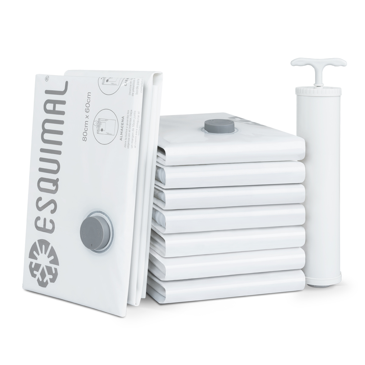 Bolsas de Almacenamiento al Vacío Set de 9 (80x60) con Bomba de Aire - Reutilizables - Bolsas de Compresión para Empacar Ropa, Guardar Edredones, Cobertores ESQUIMAL.