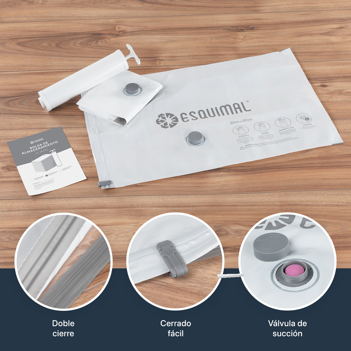Bolsas de Almacenamiento al Vacío Set de 9 (80x60) con Bomba de Aire - Reutilizables - Bolsas de Compresión para Empacar Ropa, Guardar Edredones, Cobertores ESQUIMAL.