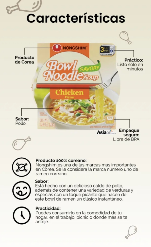 Nongshim Bowl Fideos Sopa De Pollo Instantáneo 3 Pack 86gr