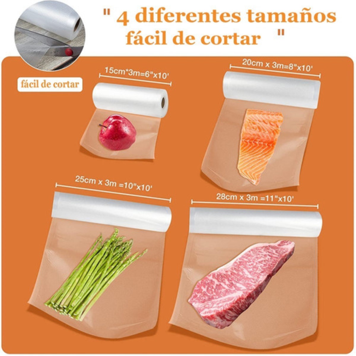 Kit 6 Rollos Bolsas Alimentos Sellado Al Vacío 4 Tipos transparente