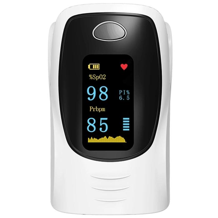 Oxímetro de dedo para botiquín MXOPX-001-21 1pza GrisBlanco Rango de Medición 70porciento -99porciento Spo2 35 250BPM 2xAAA No Incluidas, OxiPlus