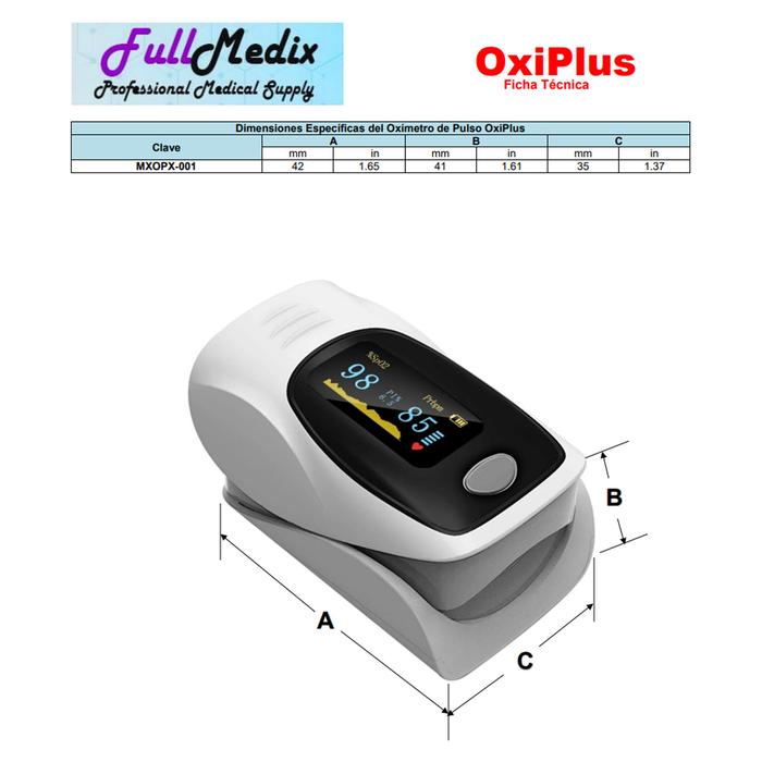 Oxímetro de dedo para botiquín MXOPX-001-21 1pza GrisBlanco Rango de Medición 70porciento -99porciento Spo2 35 250BPM 2xAAA No Incluidas, OxiPlus