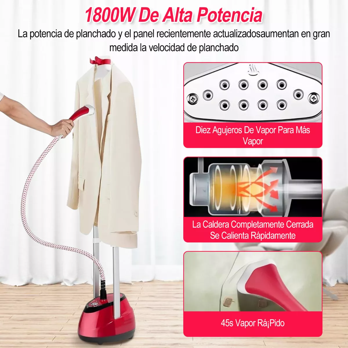 Plancha De Vapor Vertical 2 En 1 Ajustable 1800w Con Guantes Rojo