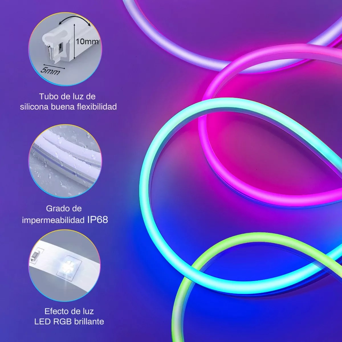Tira De Luz Led Neón 10m App Bluetooth Flexible Rgb Ip68