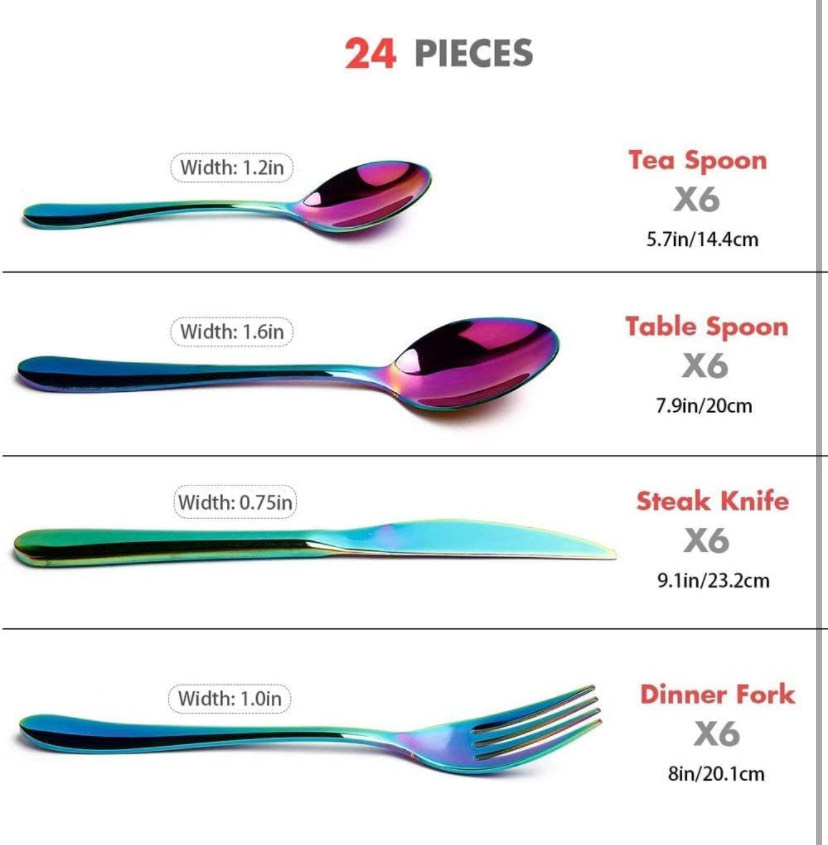 Cubiertos Tornasol, juego de cubiertos de 24 piezas de acero inoxidable Rainbow Silverware