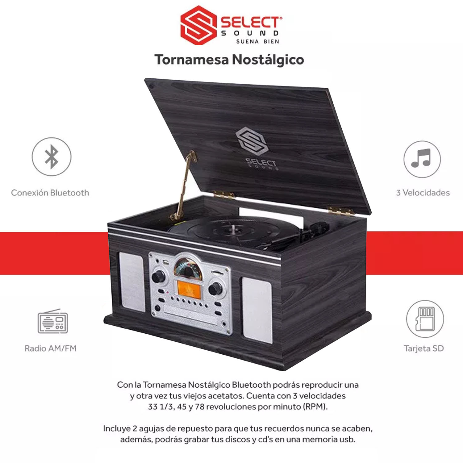 Tornamesa Nostalgico Select Sound BT9200 con Bluetooth, Radio Fm