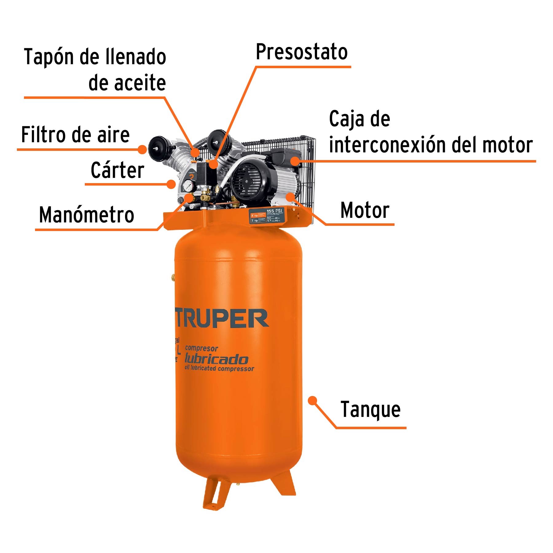 COMPRESOR LUBRICADO DE BANDA, VERTICAL 180L, 4HP 220V TRUPER 15657
