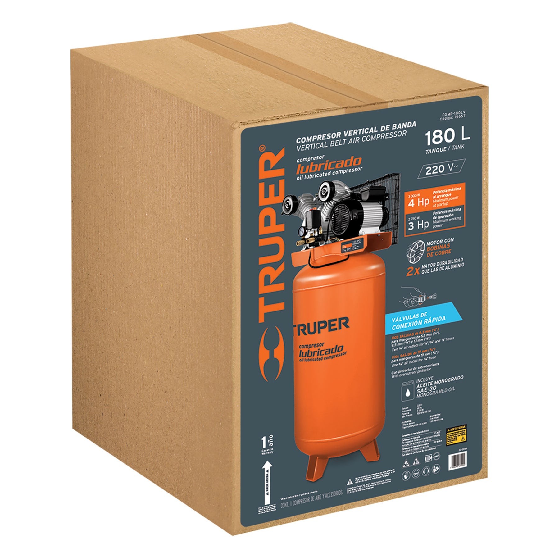 COMPRESOR LUBRICADO DE BANDA, VERTICAL 180L, 4HP 220V TRUPER 15657