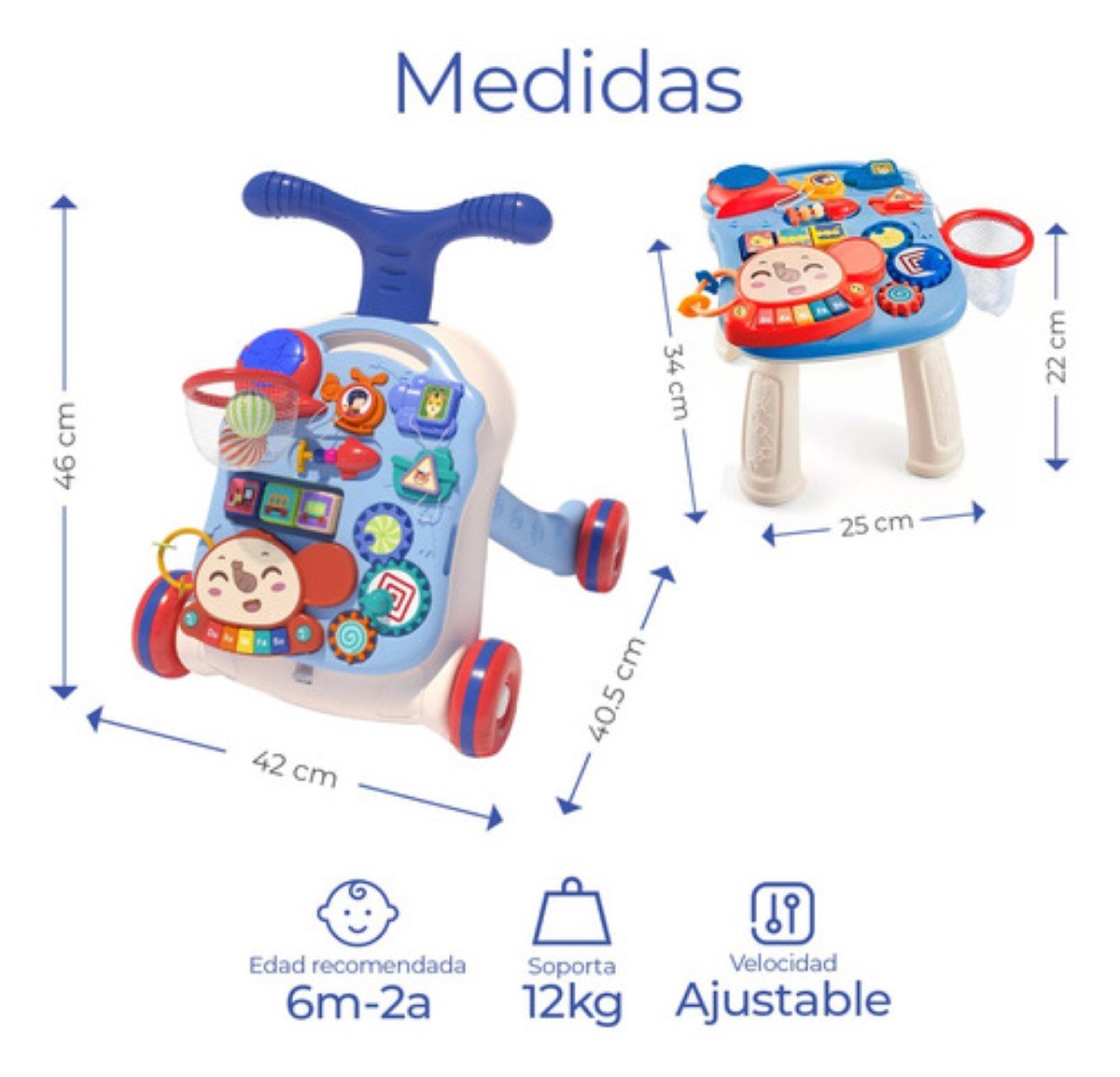 Andador Y Mesa Actividades Para Bebés 2 En 1 Azul- Blanco IDEAL