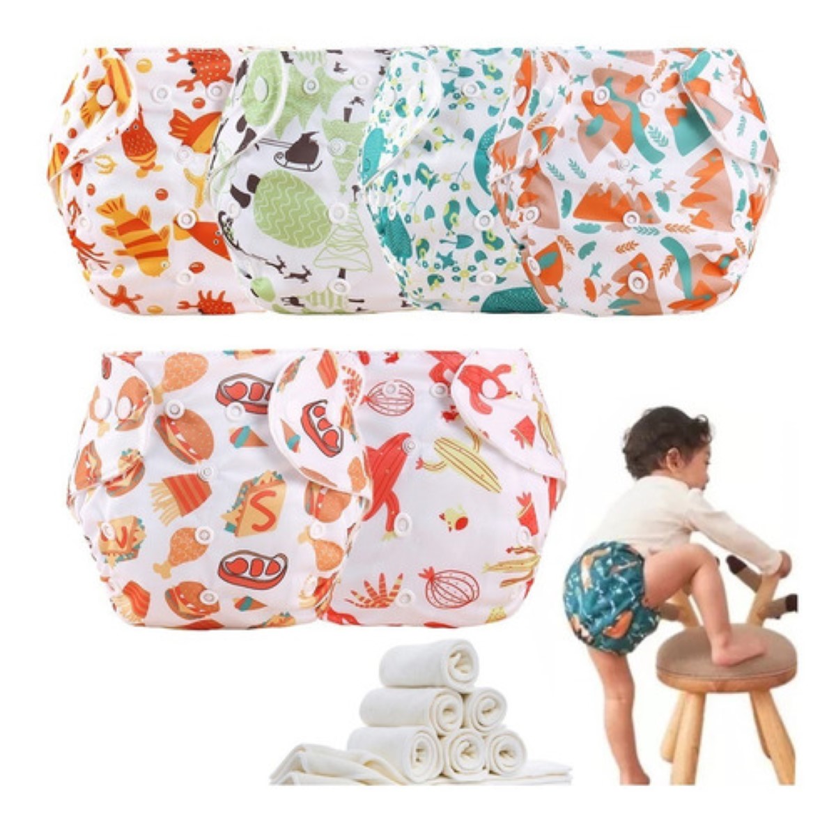 Pañales De Tela Ecologicos Para Bebé 6 Pañales + 6 Insertos pluma