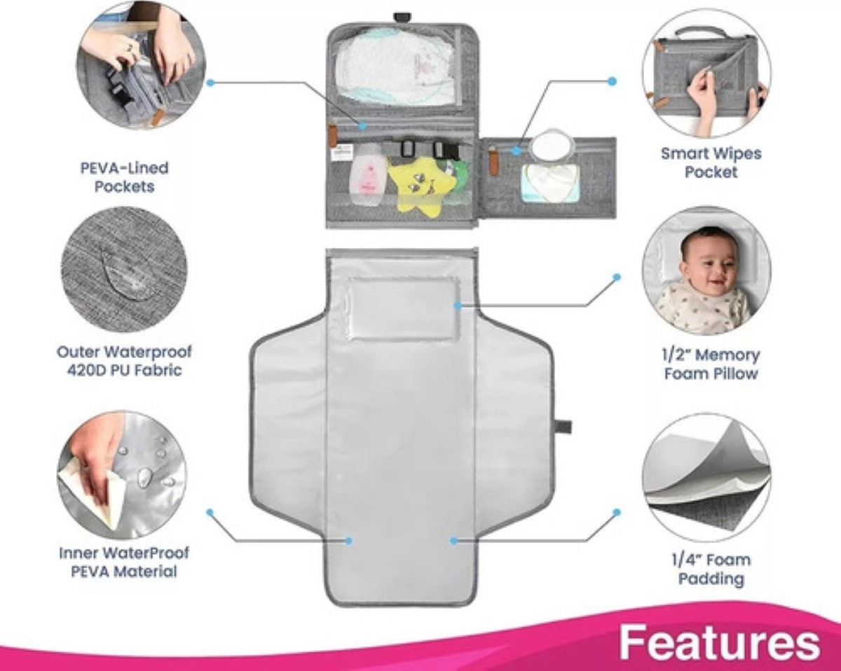 Cambiador De Bebé Impermeable Portátil Articulos Para Bebes gris