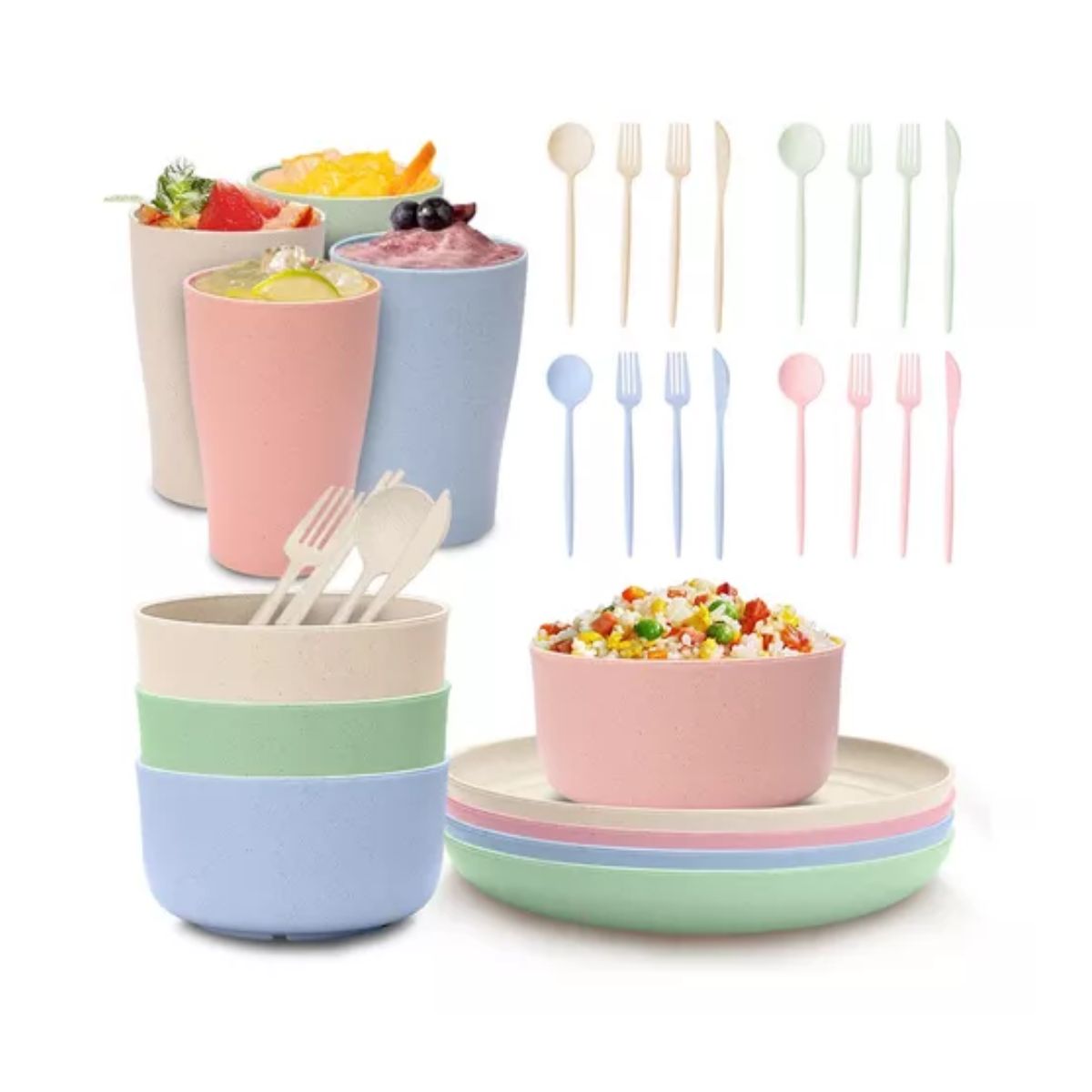 Juego De Vajilla Paja Trigo De 28 Pzas Para 4 Personas colores pasteles