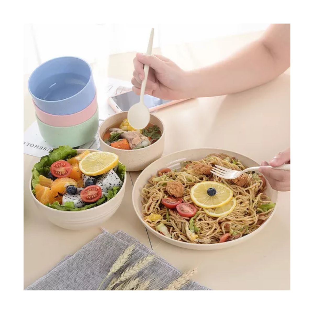 Juego De Vajilla Paja Trigo De 28 Pzas Para 4 Personas colores pasteles