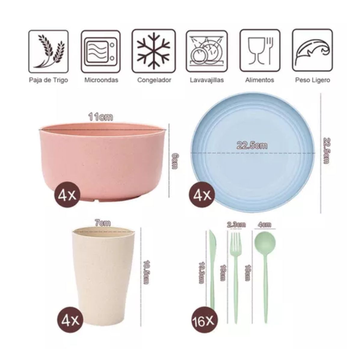 Juego De Vajilla Paja Trigo De 28 Pzas Para 4 Personas colores pasteles