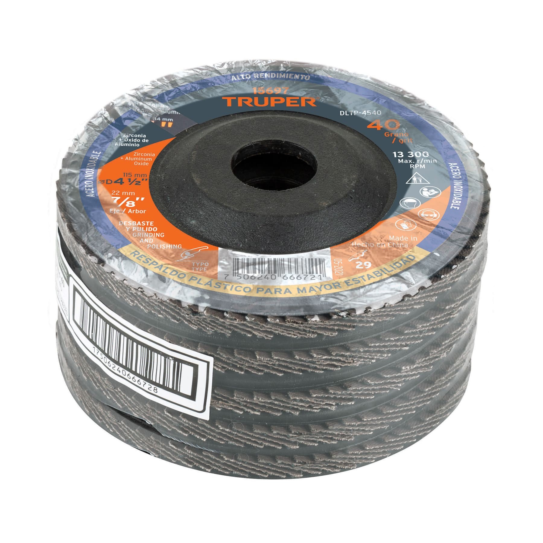 DISCO 4-1/2" LAMINADO RESPALDO PLÁSTICO GRANO 40 CENTRO 7/8" TRUPER 15697