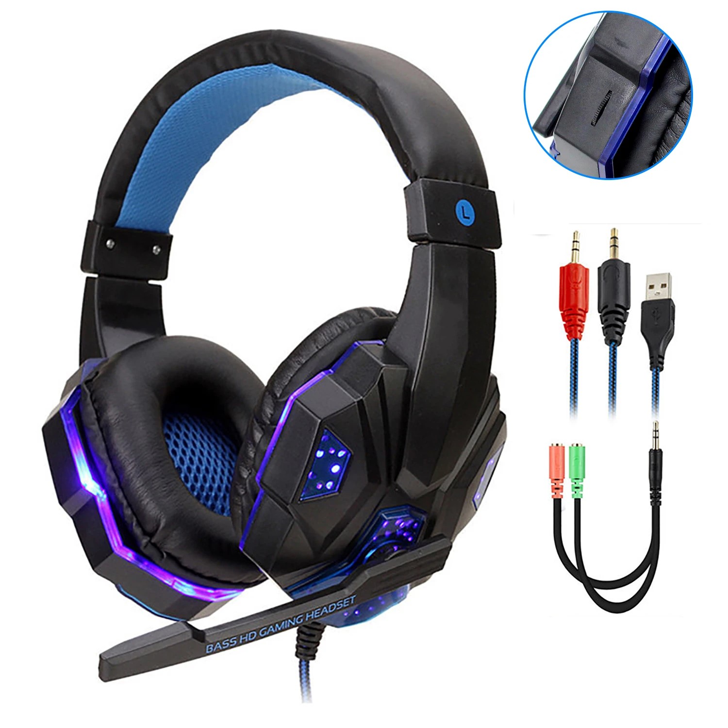 Audifonos gamer auriculares pc estéreo Led Gaming PS4 cable micrófono diadema lap azul xbox cel.