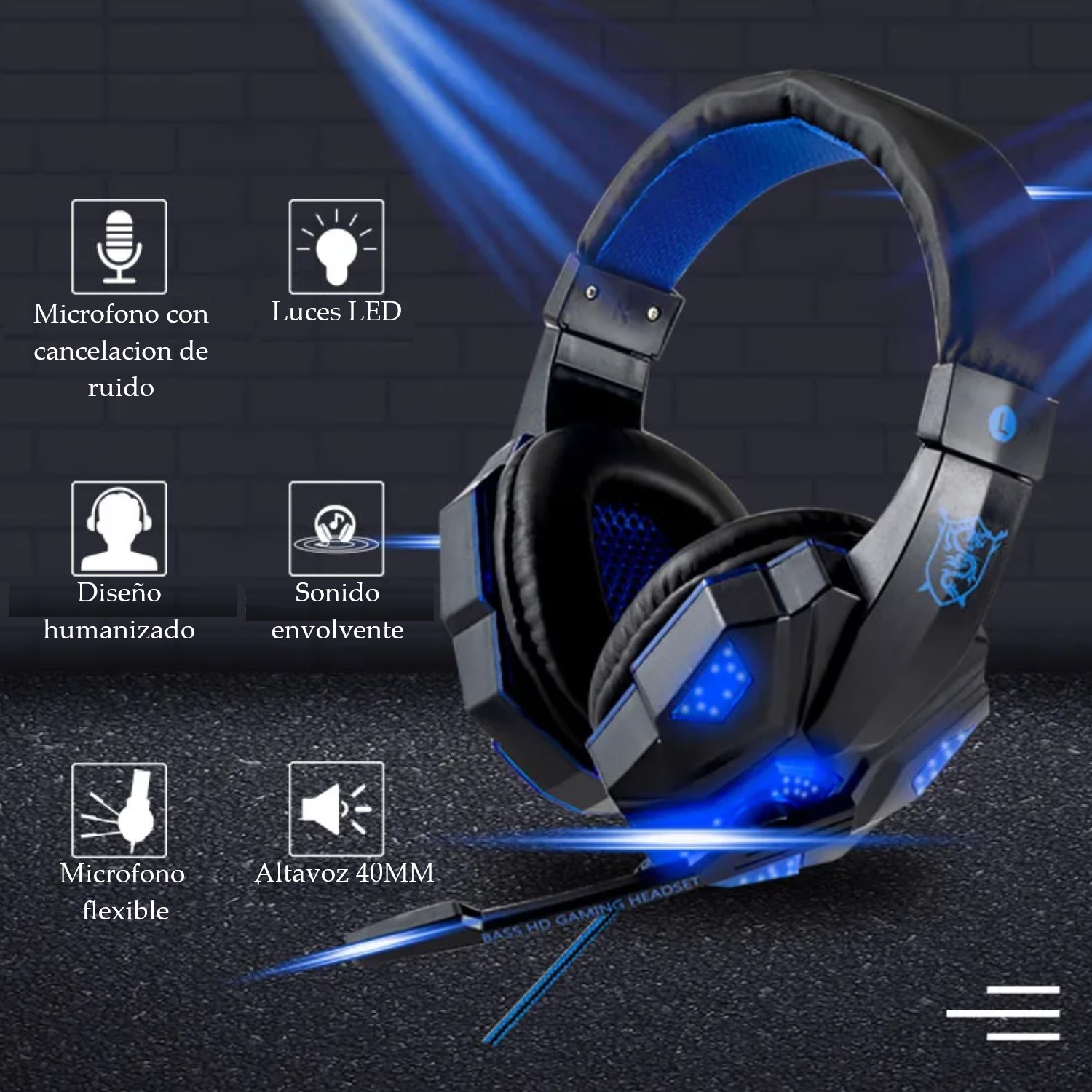 Audifonos gamer auriculares pc estéreo Led Gaming PS4 cable micrófono diadema lap azul xbox cel.
