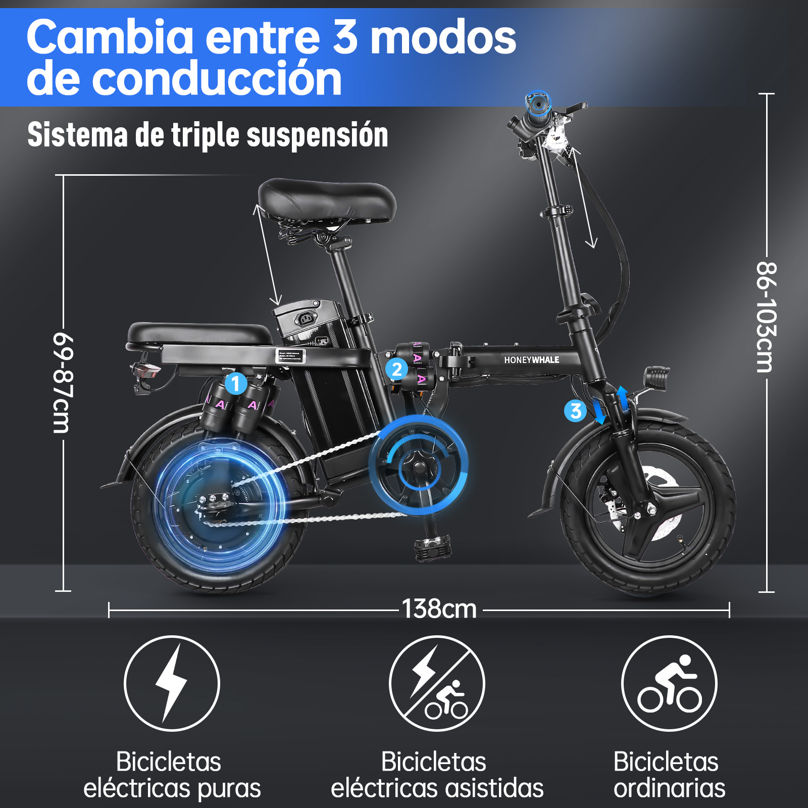 Bicicleta Eléctrica Plegable Honey Whale S6-S Pro Negro