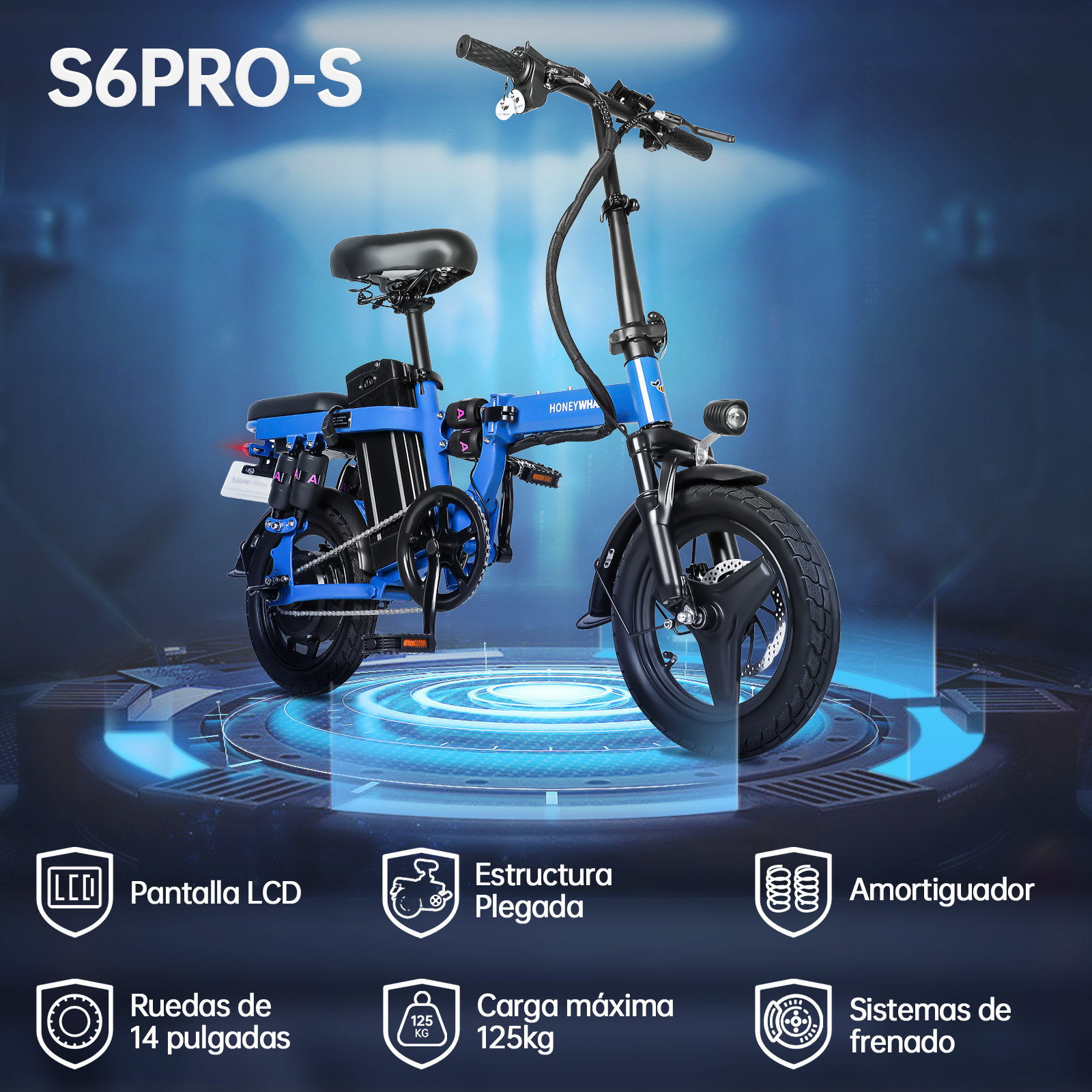 Bicicleta Eléctrica Plegable Honey Whale S6-S Pro Azul