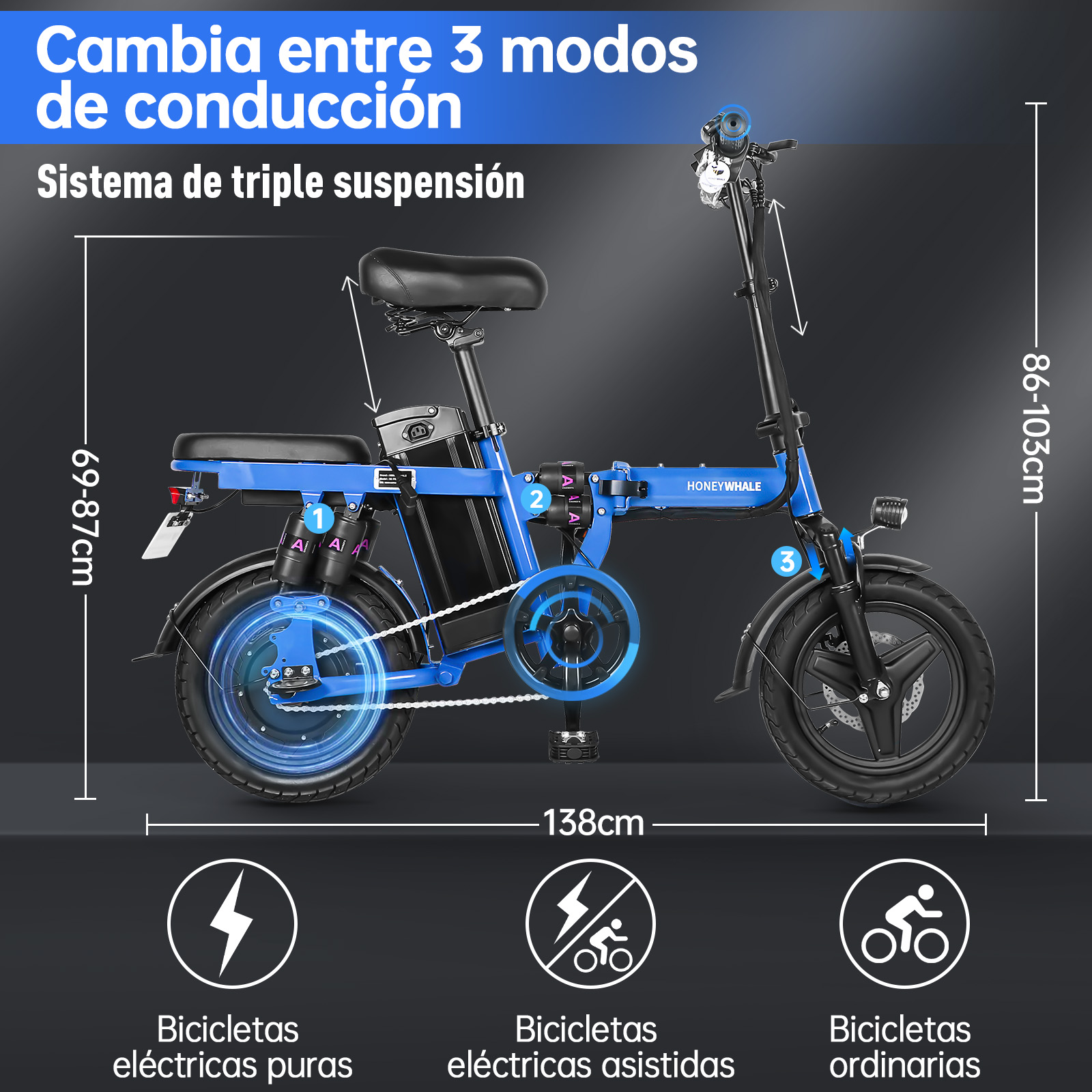Bicicleta Eléctrica Plegable Honey Whale S6-S Pro Azul