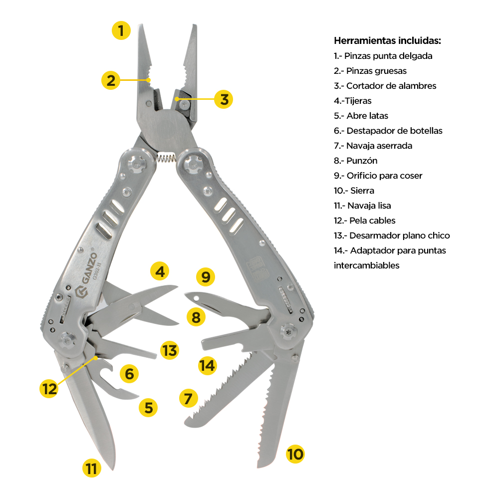 Ganzo Multiherramienta Color Plata 14 Funciones G302-h