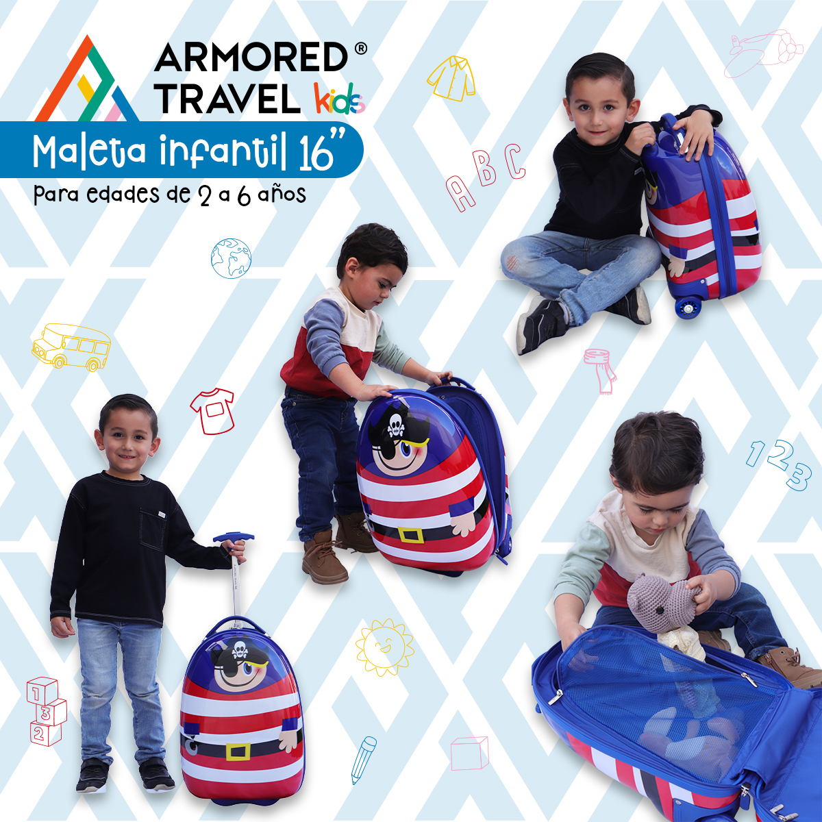 Maleta de viaje niñas niños carry-on mochila rígida infantil con ruedas 16 kínder Preescolar usos múltiples Edades 2 a 6 años Armored kids Pirata
