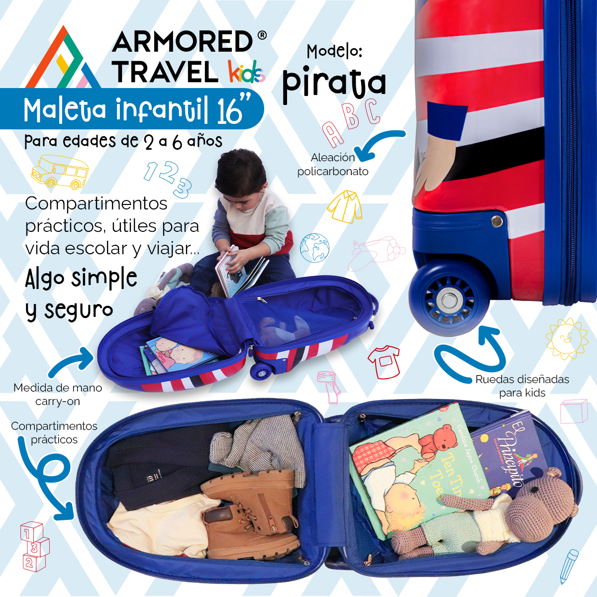 Maleta de viaje niñas niños carry-on mochila rígida infantil con ruedas 16 kínder Preescolar usos múltiples Edades 2 a 6 años Armored kids Pirata