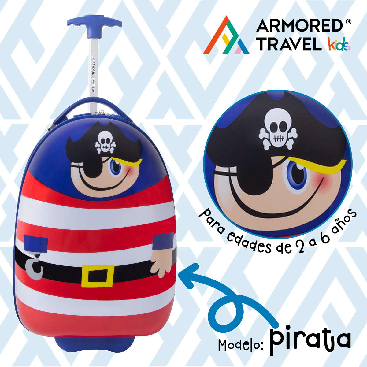 Maleta de viaje niñas niños carry-on mochila rígida infantil con ruedas 16 kínder Preescolar usos múltiples Edades 2 a 6 años Armored kids Pirata