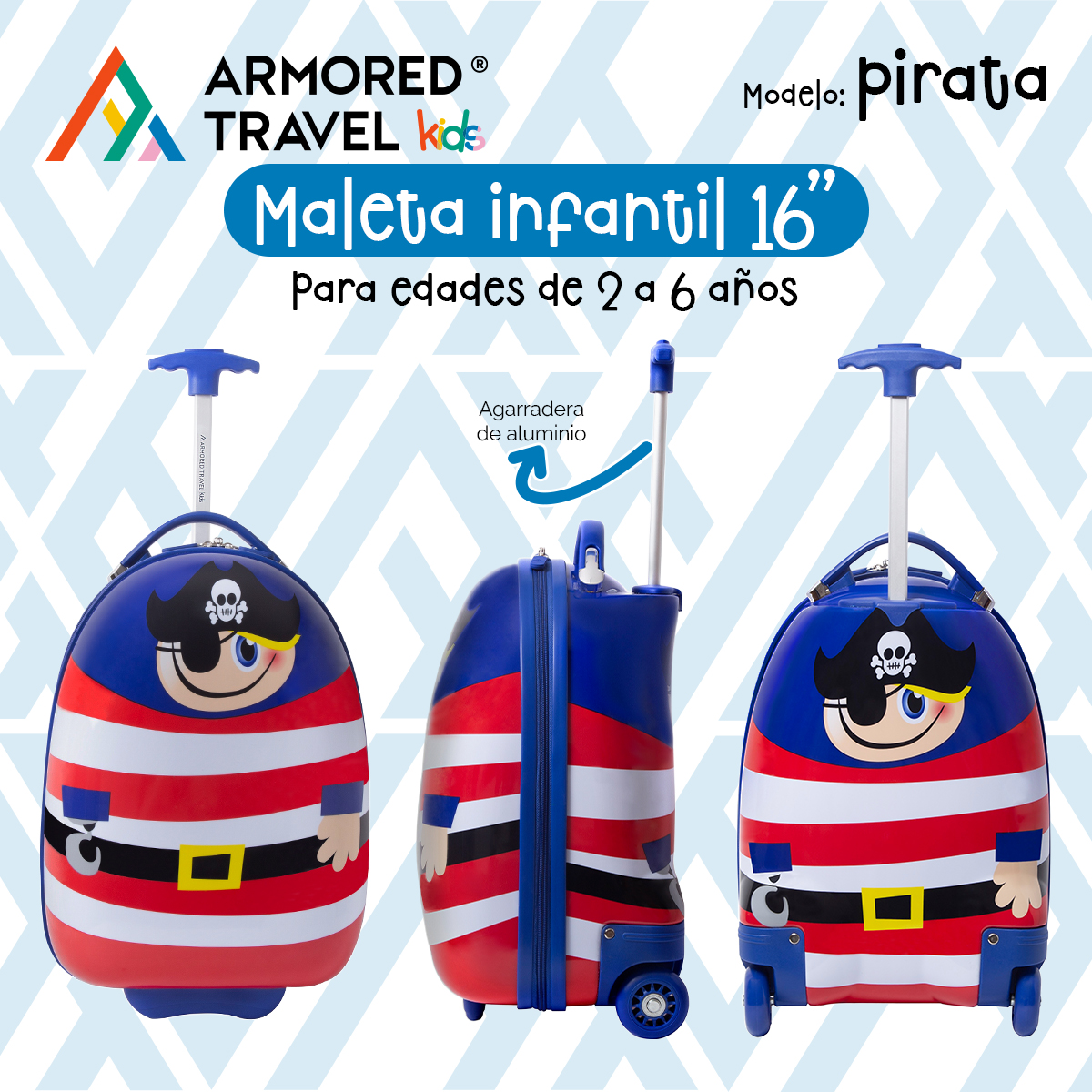 Maleta de viaje niñas niños carry-on mochila rígida infantil con ruedas 16 kínder Preescolar usos múltiples Edades 2 a 6 años Armored kids Pirata
