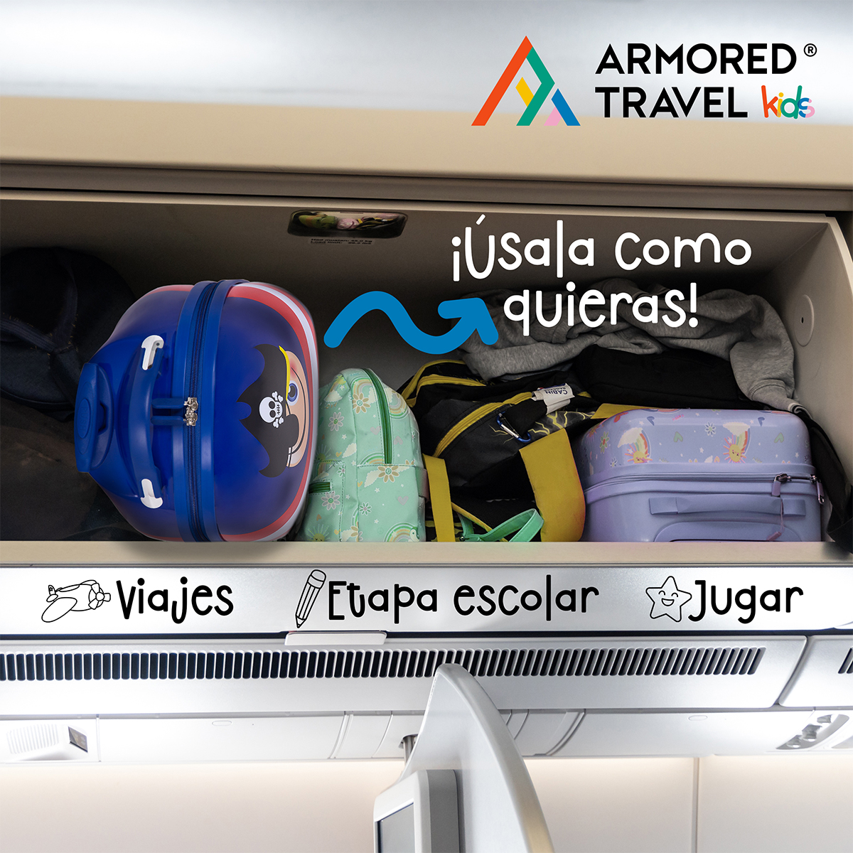 Maleta de viaje niñas niños carry-on mochila rígida infantil con ruedas 16 kínder Preescolar usos múltiples Edades 2 a 6 años Armored kids Pirata
