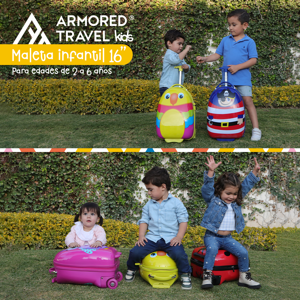 Maleta de viaje niñas niños carry-on mochila rígida infantil con ruedas 16 kínder Preescolar usos múltiples Edades 2 a 6 años Armored kids Pájaro