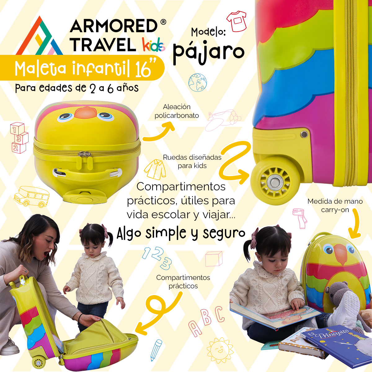 Maleta de viaje niñas niños carry-on mochila rígida infantil con ruedas 16 kínder Preescolar usos múltiples Edades 2 a 6 años Armored kids Pájaro
